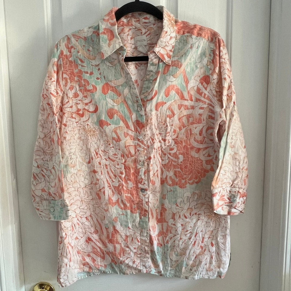 100% Linen‎ Chico's Size 2 (12) Floral Watercolor Button Down Coral Mint Green
